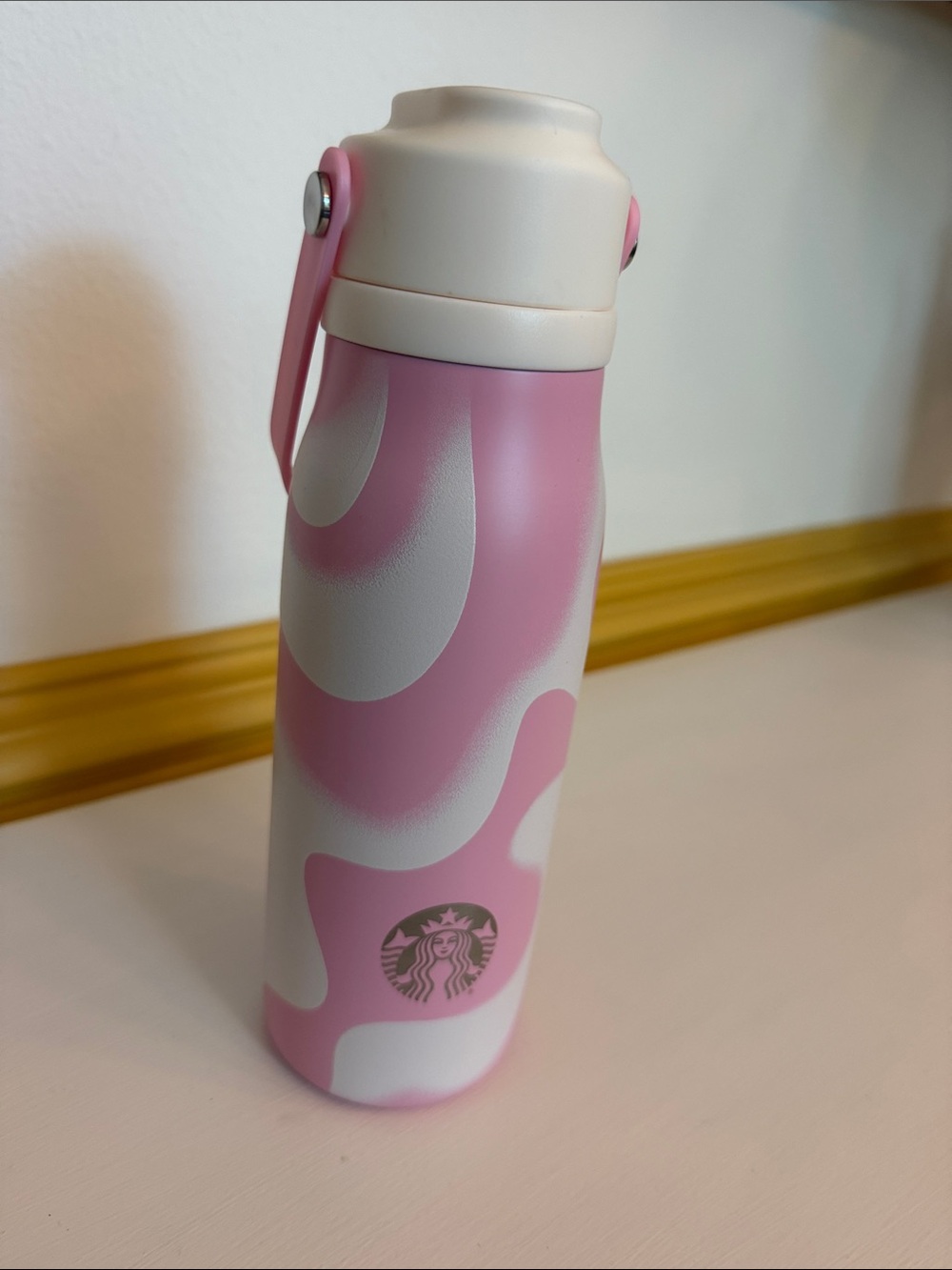 Starbucks Pink and White Swirl Stainless Water Bottle with Flip Handle